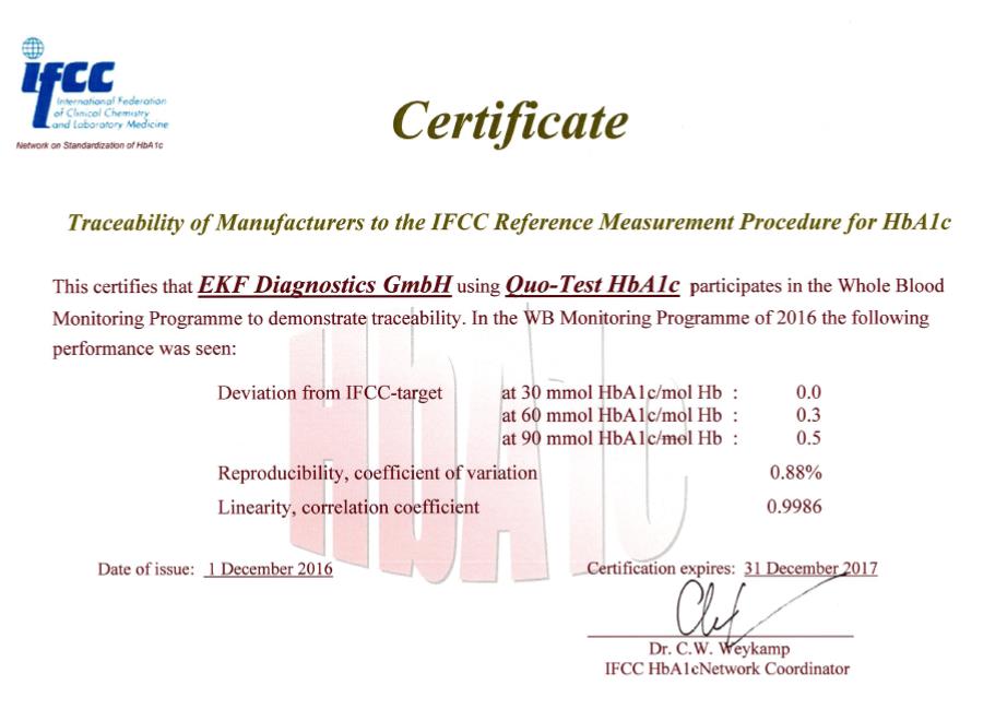 Certificact de l'IFCC avec la Prcision de l'Analyseur d'Hemoglobine Quo-Lab pour l'Hemoglobine Glycosyle de EKF Diagnostics